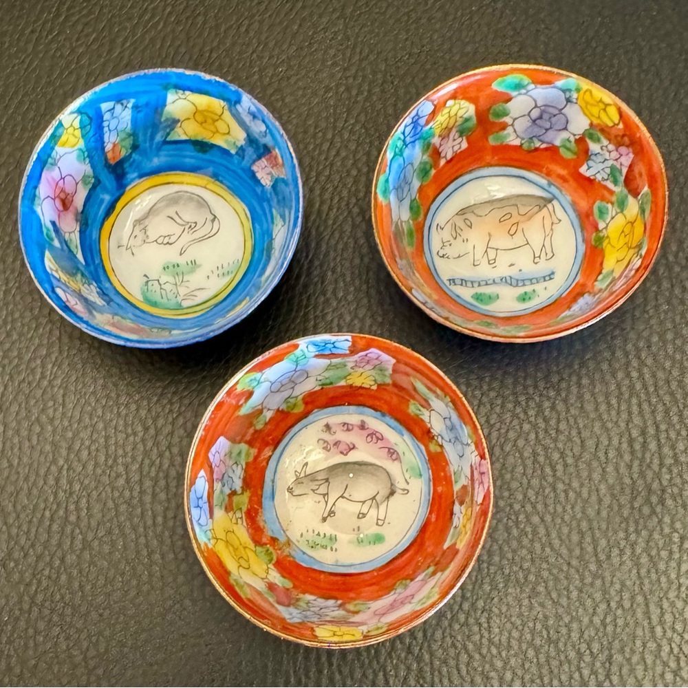 3 Chinese Antique Zodiac Hand painted Gold Trimmed Mini Porcelain Bowl Sake Cup